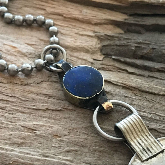 Rustic Lapis Lazuli Ethnic Coin Charm Necklace - 30 Inch Chain - Picture 7 of 12